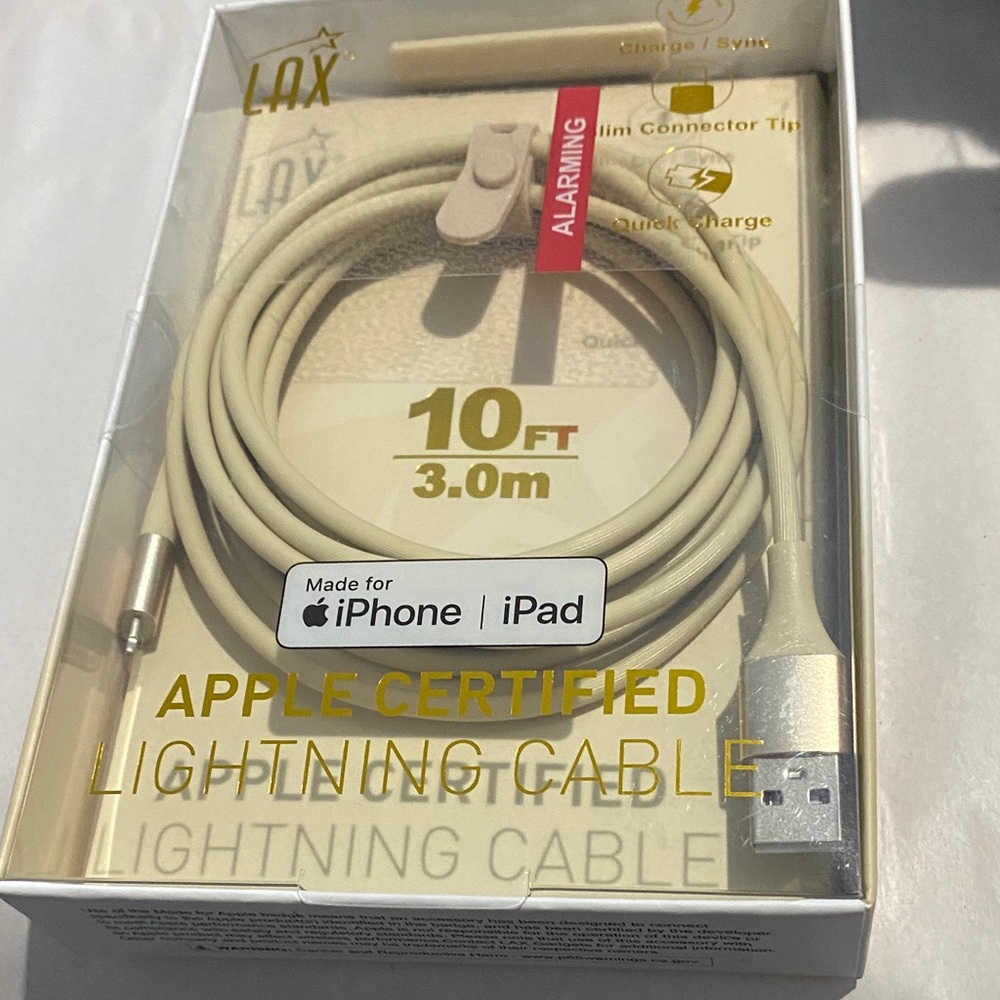 LAX Apple Certified Lightning Cable. 10 feet, Beige. New in Box. 12 mo warranty.